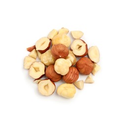Photo of Heap of tasty hazelnuts on white background, top view