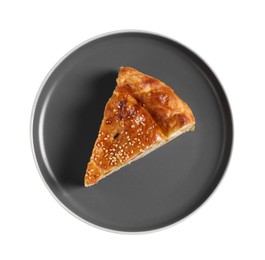 Photo of Piece of tasty homemade pie with filling isolated on white, top view