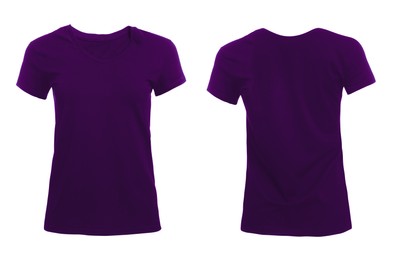 Image of Front and back views of purple women's t-shirt on white background. Mockup for design