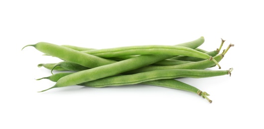 Photo of Delicious fresh green beans on white background