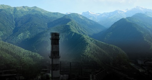 Image of Environmental pollution, banner design. Mountain landscape and industrial factory with emissions, double exposure