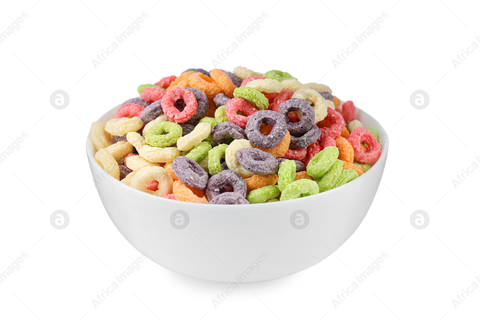 Photo of Bowl of colorful crispy corn rings on white background. Breakfast cereal