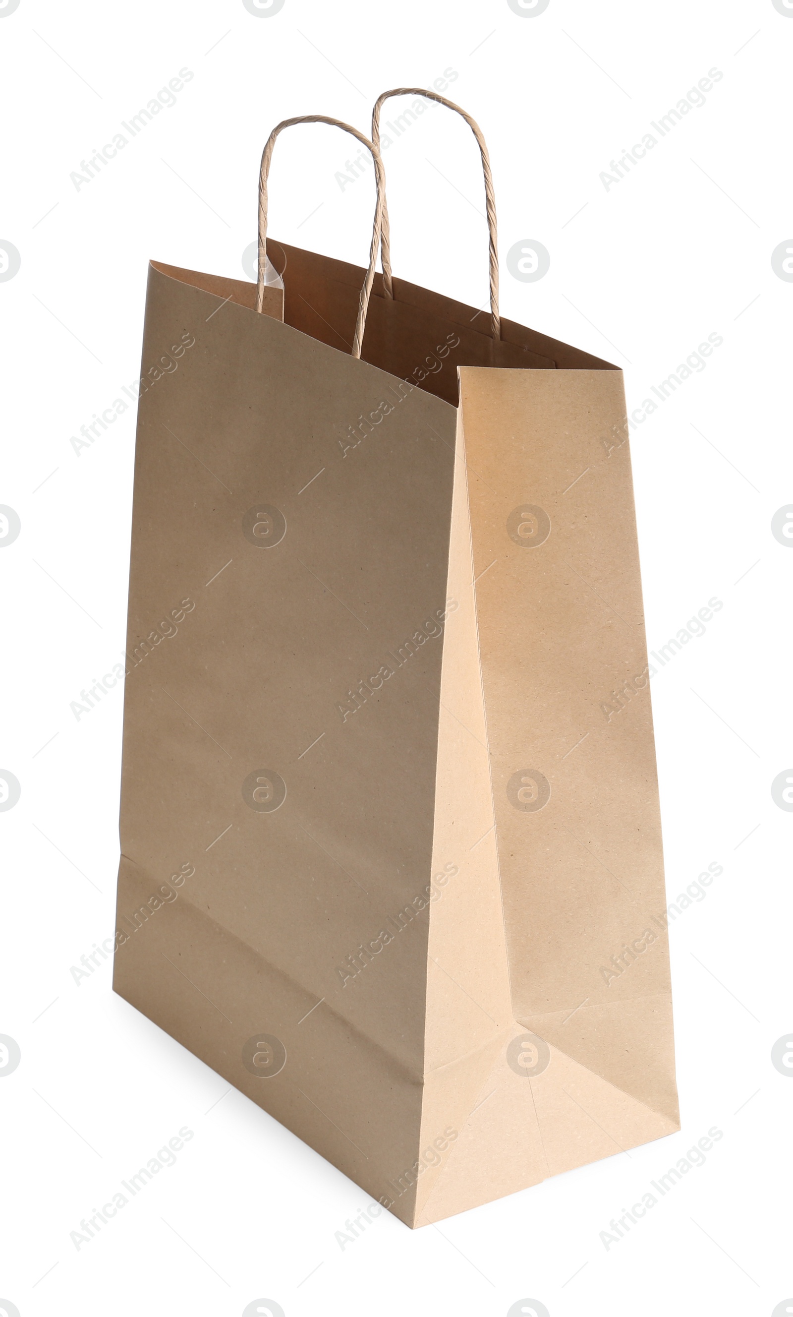 Photo of One kraft paper bag isolated on white. Mockup for design