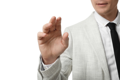 Photo of Businessman touching something on white background, closeup