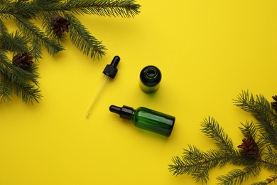 Flat lay composition with essential oil, fir branches and cones on yellow background