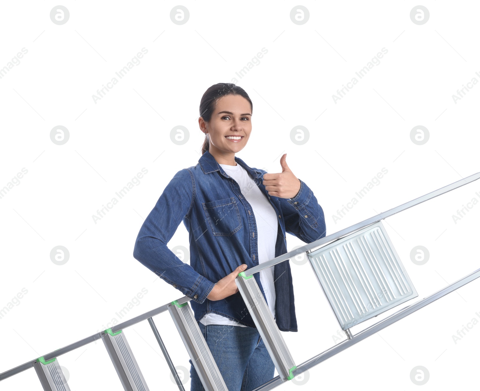 Photo of Young woman holding metal ladder on white background