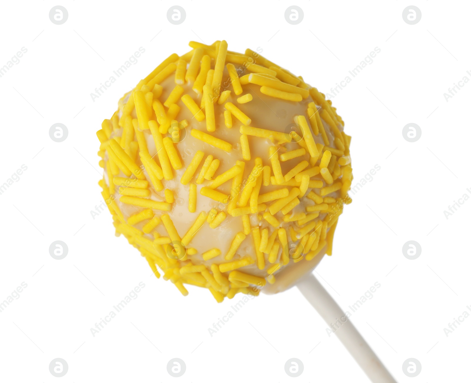 Photo of Tasty cake pop with yellow sprinkles isolated on white