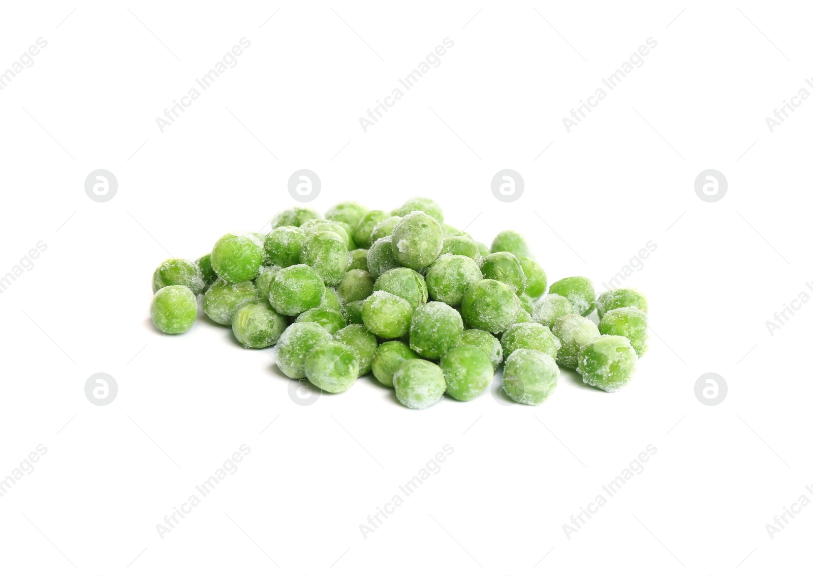 Photo of Pile of frozen peas isolated on white. Vegetable preservation