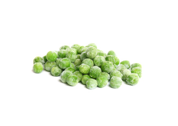 Pile of frozen peas isolated on white. Vegetable preservation