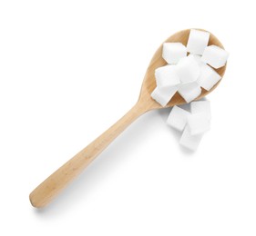 Photo of Many sugar cubes and wooden spoon isolated on white, top view