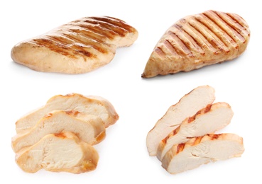 Image of Set of grilled chicken breasts on white background