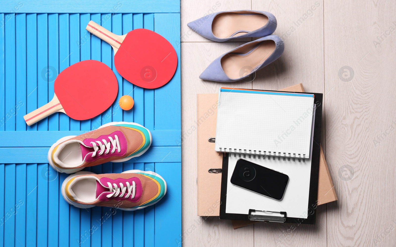 Photo of Flat lay composition with business supplies and sport equipment on color background. Concept of balance between work and life