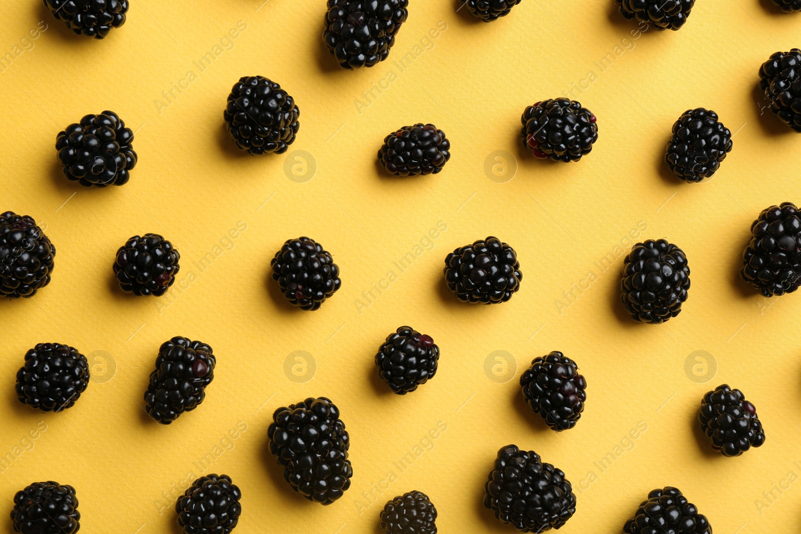 Photo of Flat lay composition with fresh blackberries on yellow background