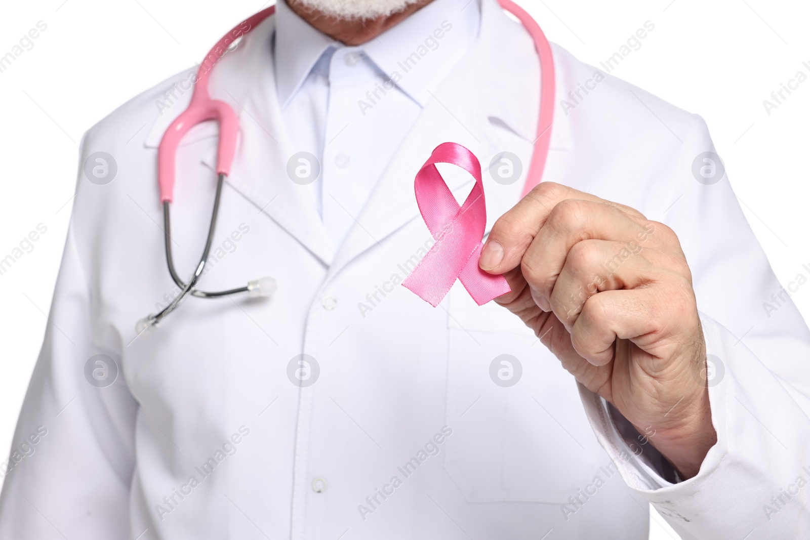 Photo of Mammologist with pink ribbon on white background, closeup. Breast cancer awareness