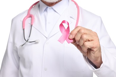 Mammologist with pink ribbon on white background, closeup. Breast cancer awareness