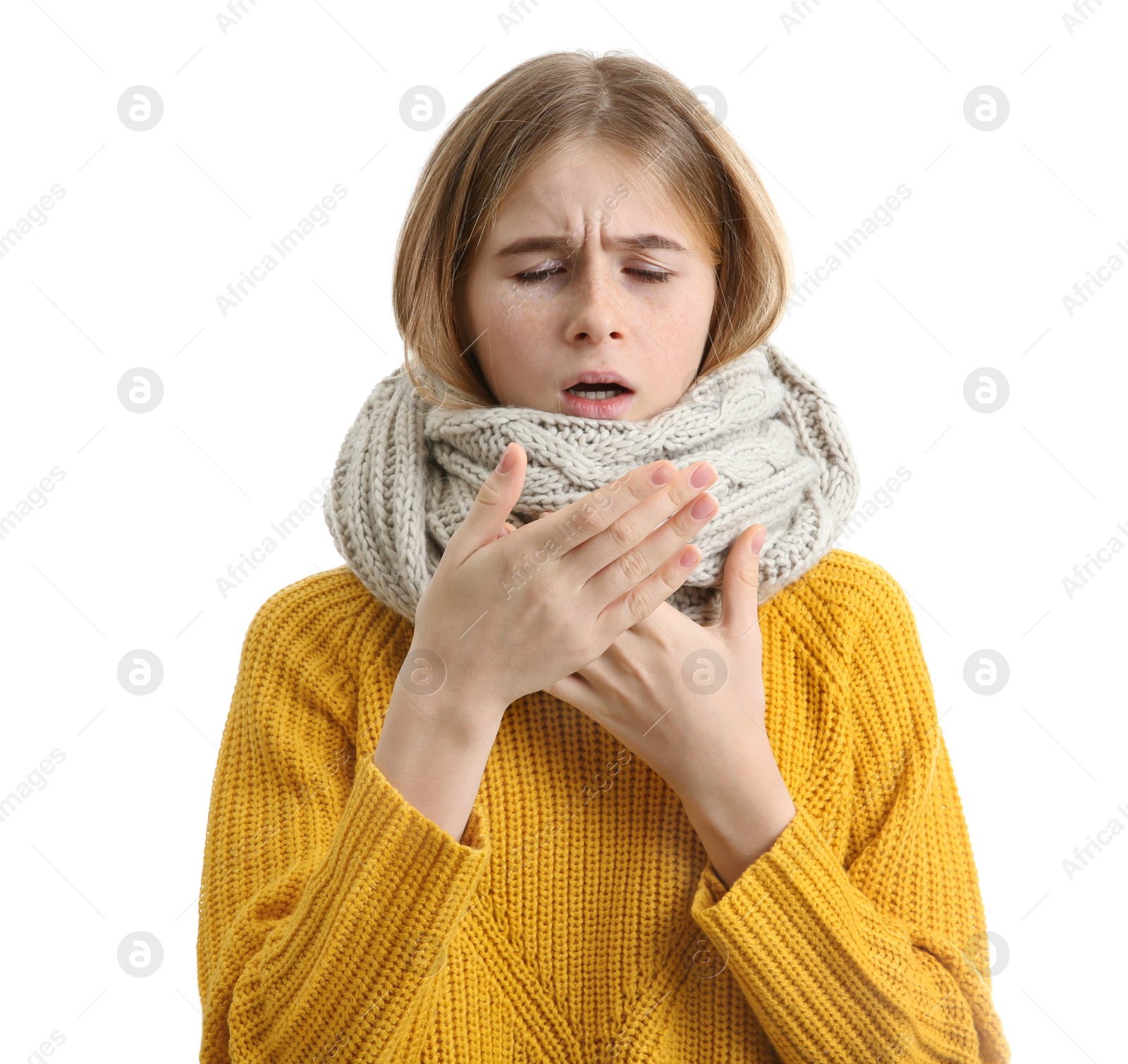 Photo of Teenage girl suffering from cough isolated on white