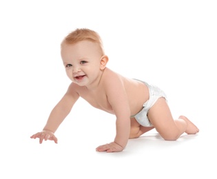 Photo of Cute little baby crawling on white background