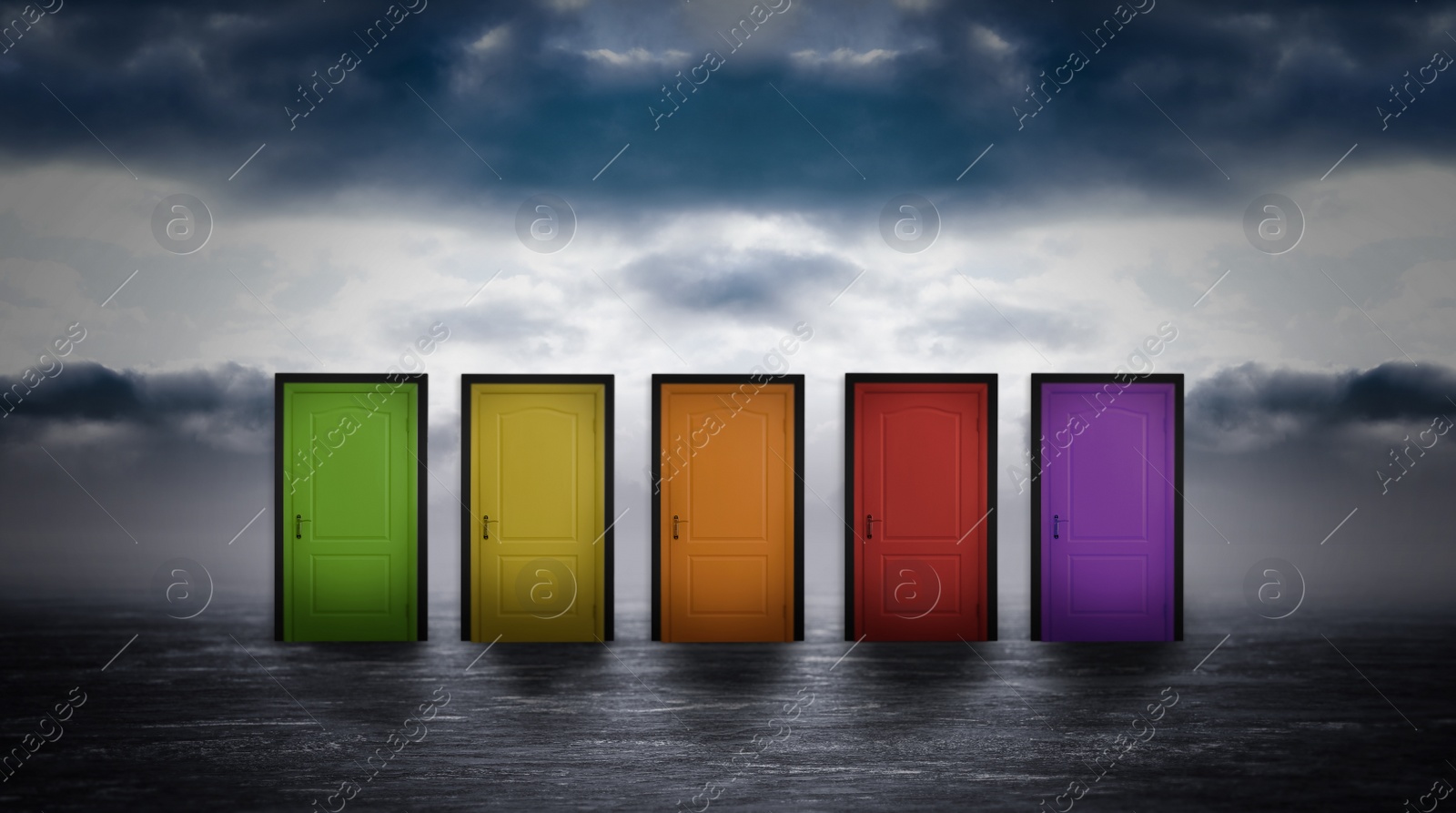 Image of Many colorful doors against sky with rainy clouds on background. Concept of choice 