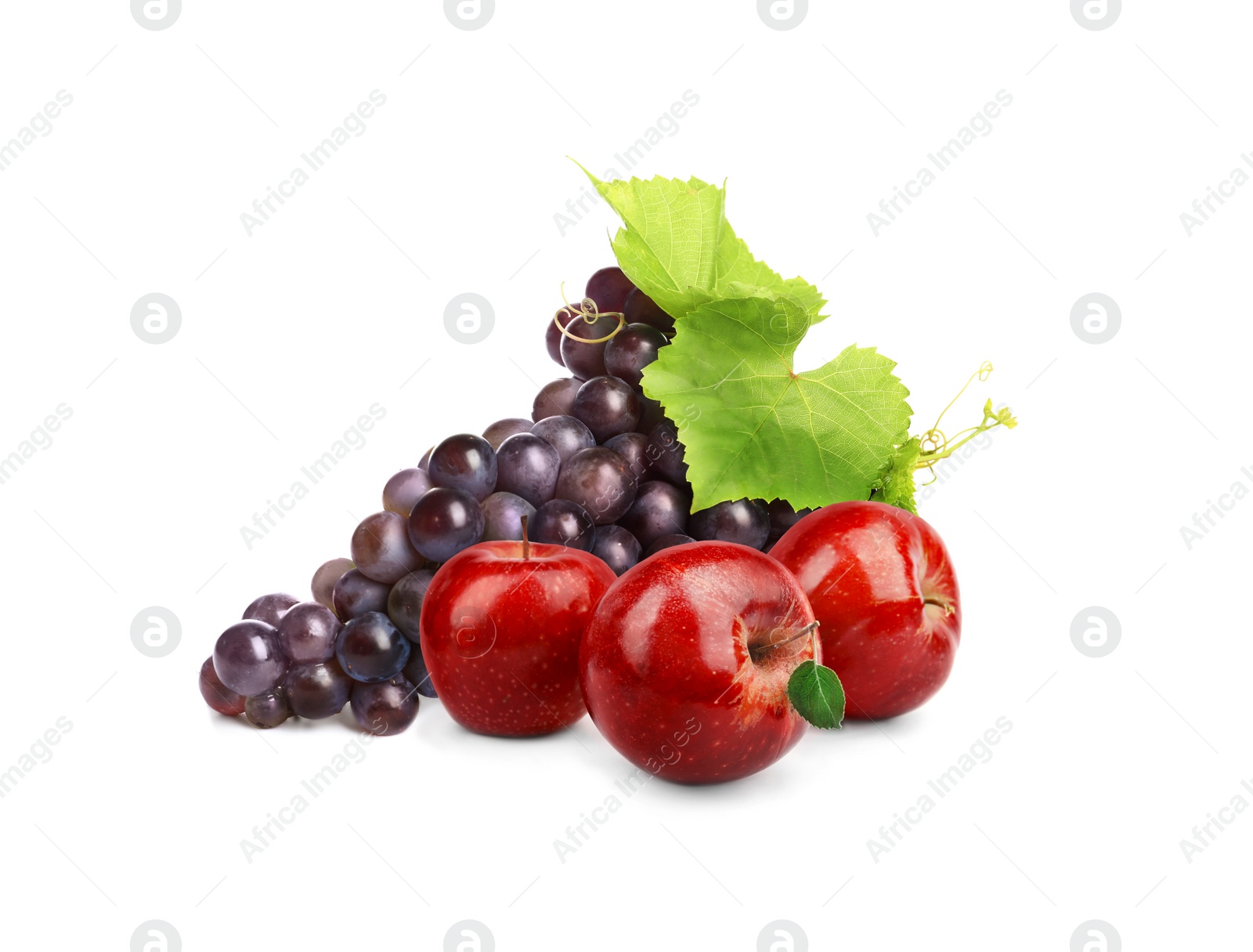 Image of Ripe juicy grapes and apples on white background