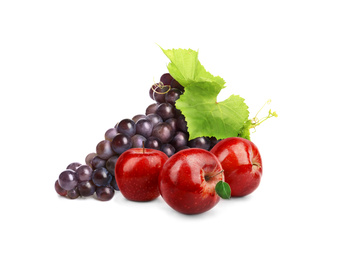 Ripe juicy grapes and apples on white background