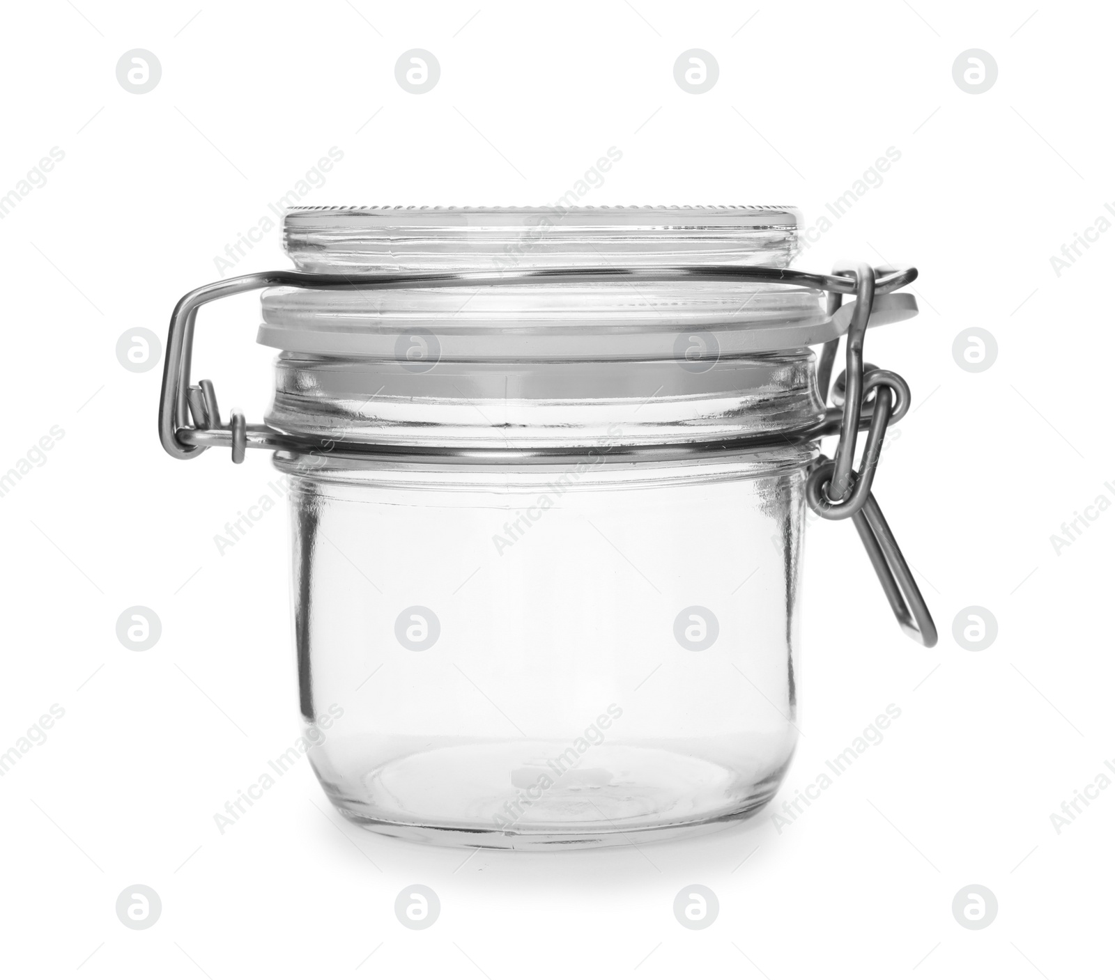 Photo of Empty glass jar on white background