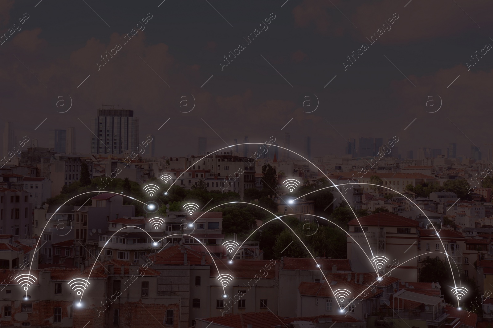 Image of Picturesque view of city with building and wi-fi symbols