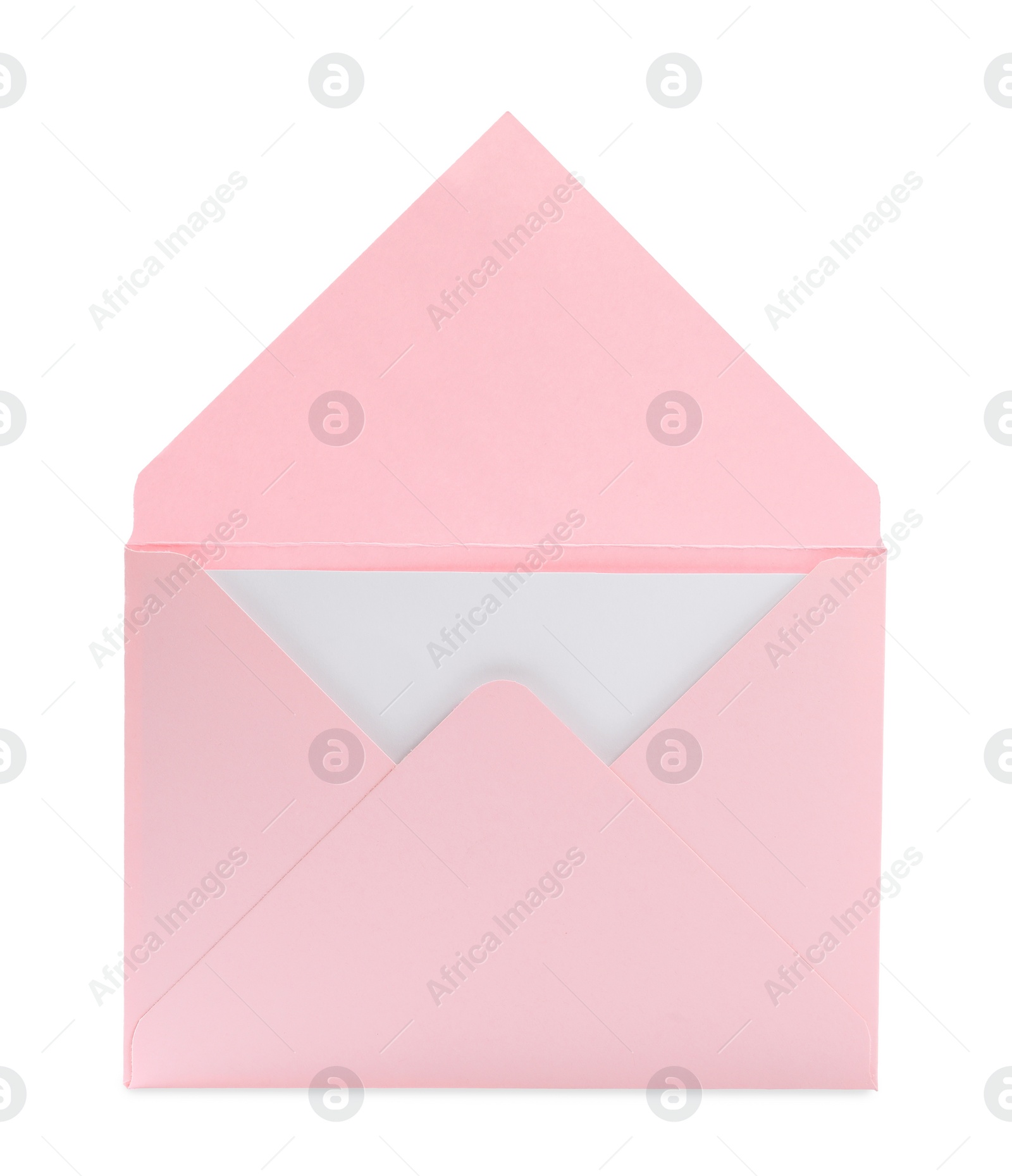 Photo of Pink letter envelope with card on white background