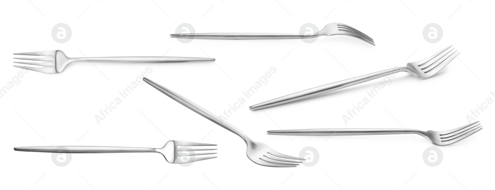 Image of Shiny silver forks isolated on white, set