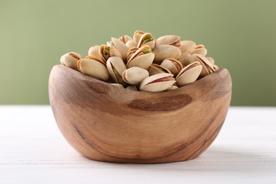 Tasty pistachios in bowl on white wooden table against olive background, closeup