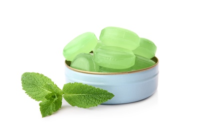 Open box with tasty mint candies on white background