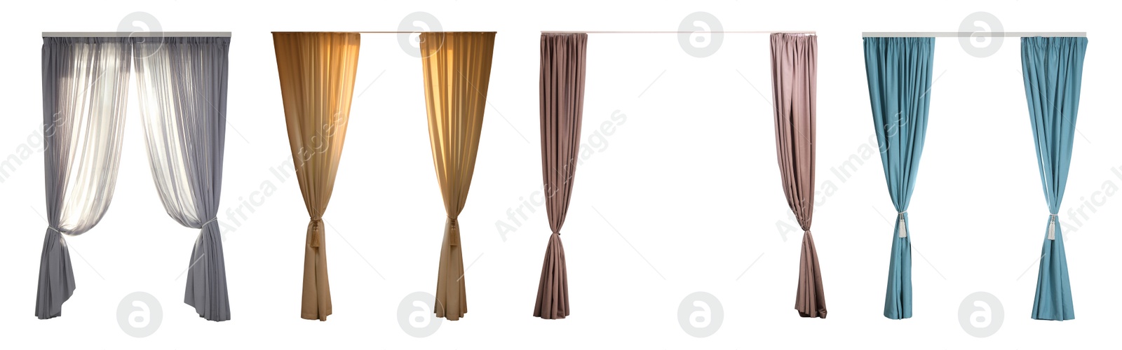 Image of Set with different elegant curtains on white background