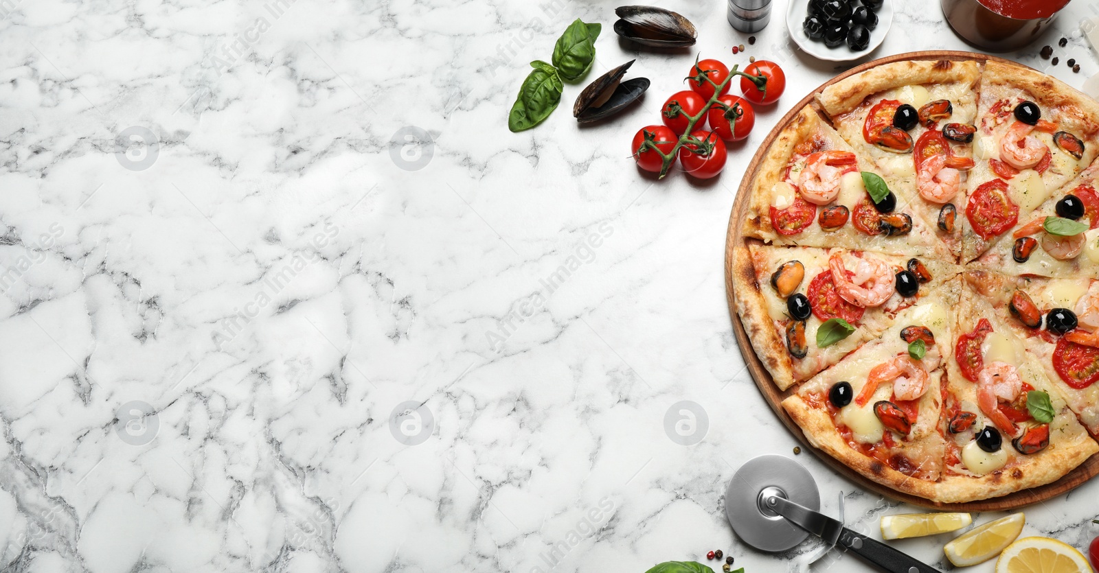 Image of Top view of hot delicious pizza on white marble table, space for text. Banner design 