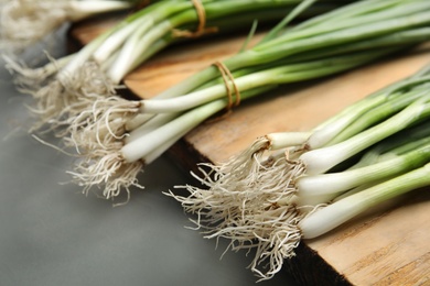 Photo of Fresh green onion on wooden board, closeup