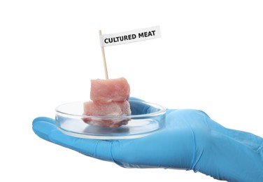 Photo of Scientist holding Petri dish with pieces of raw cultured meat on white background, closeup