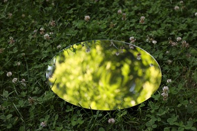 Photo of Round mirror among clovers reflecting tree leaves
