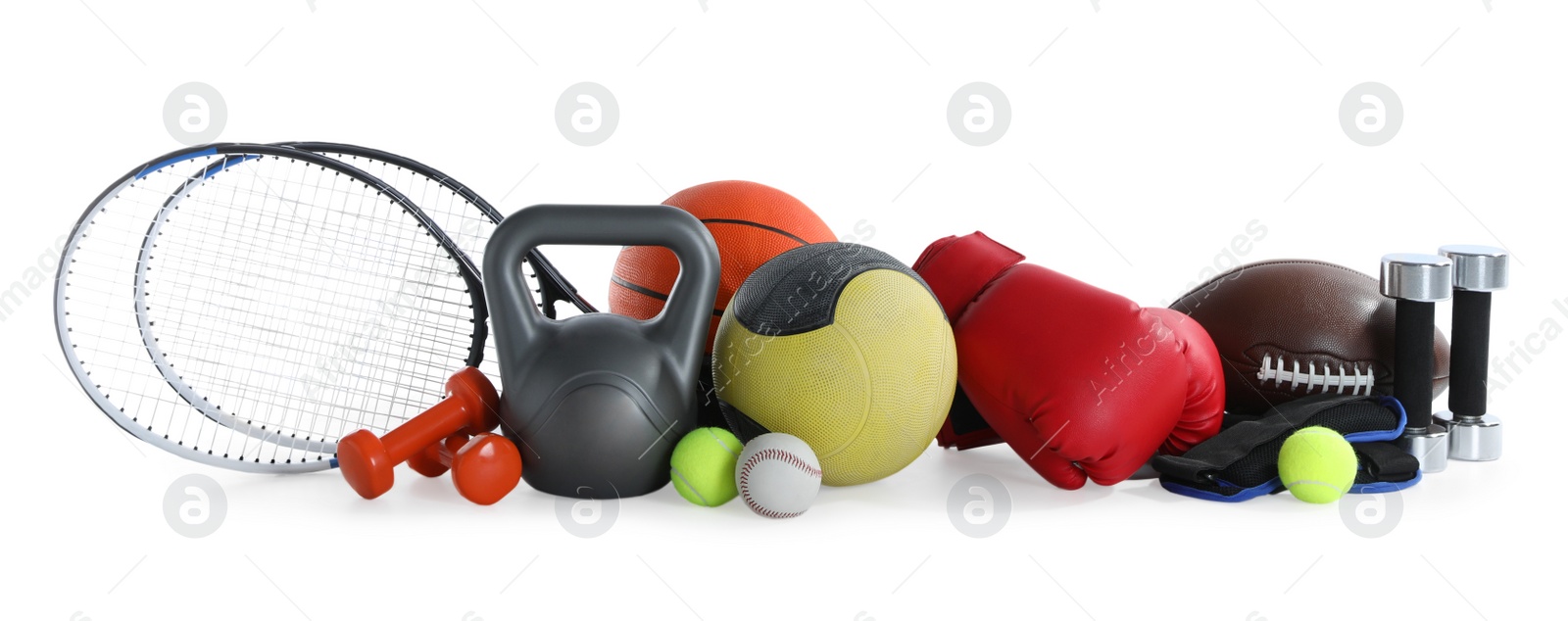 Photo of Set of different sports equipment on white background