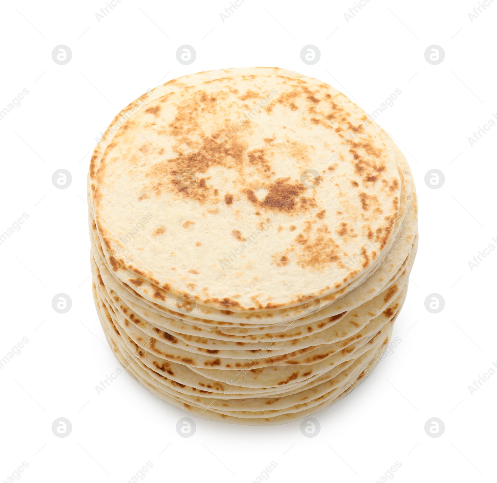 Photo of Many tasty homemade tortillas isolated on white