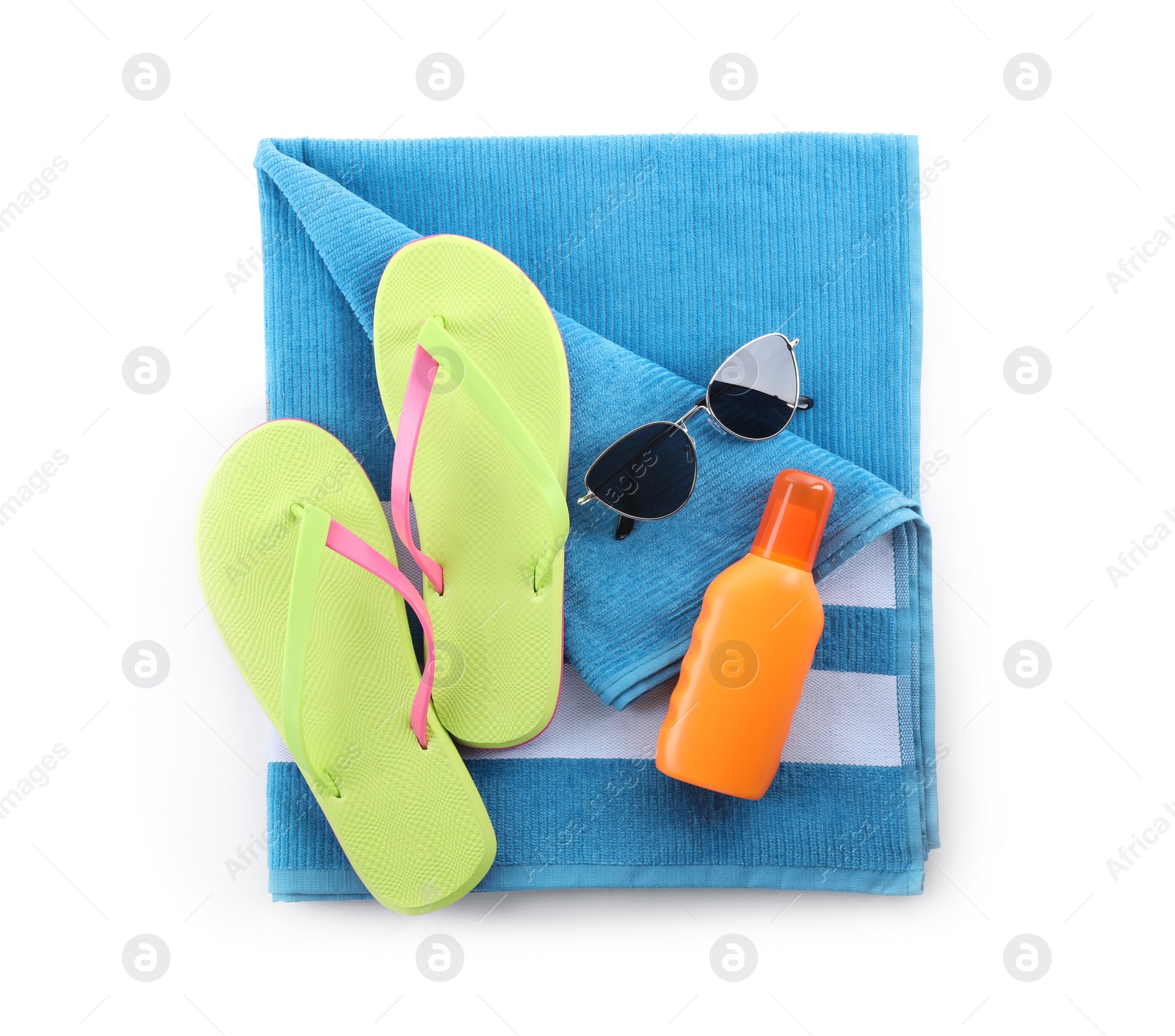 Photo of Composition with beach objects on white background, top view