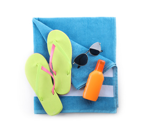 Photo of Composition with beach objects on white background, top view