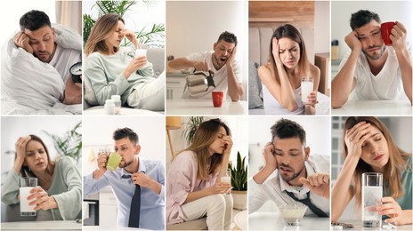 Collage with different photos of tired people