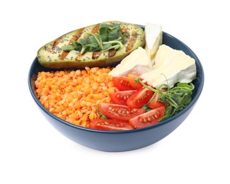Photo of Delicious lentil bowl with soft cheese, avocado and tomatoes on white background