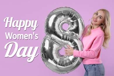 Image of Happy Women's Day - March 8. Attractive lady holding foil balloon in shape of number 8 on light violet background