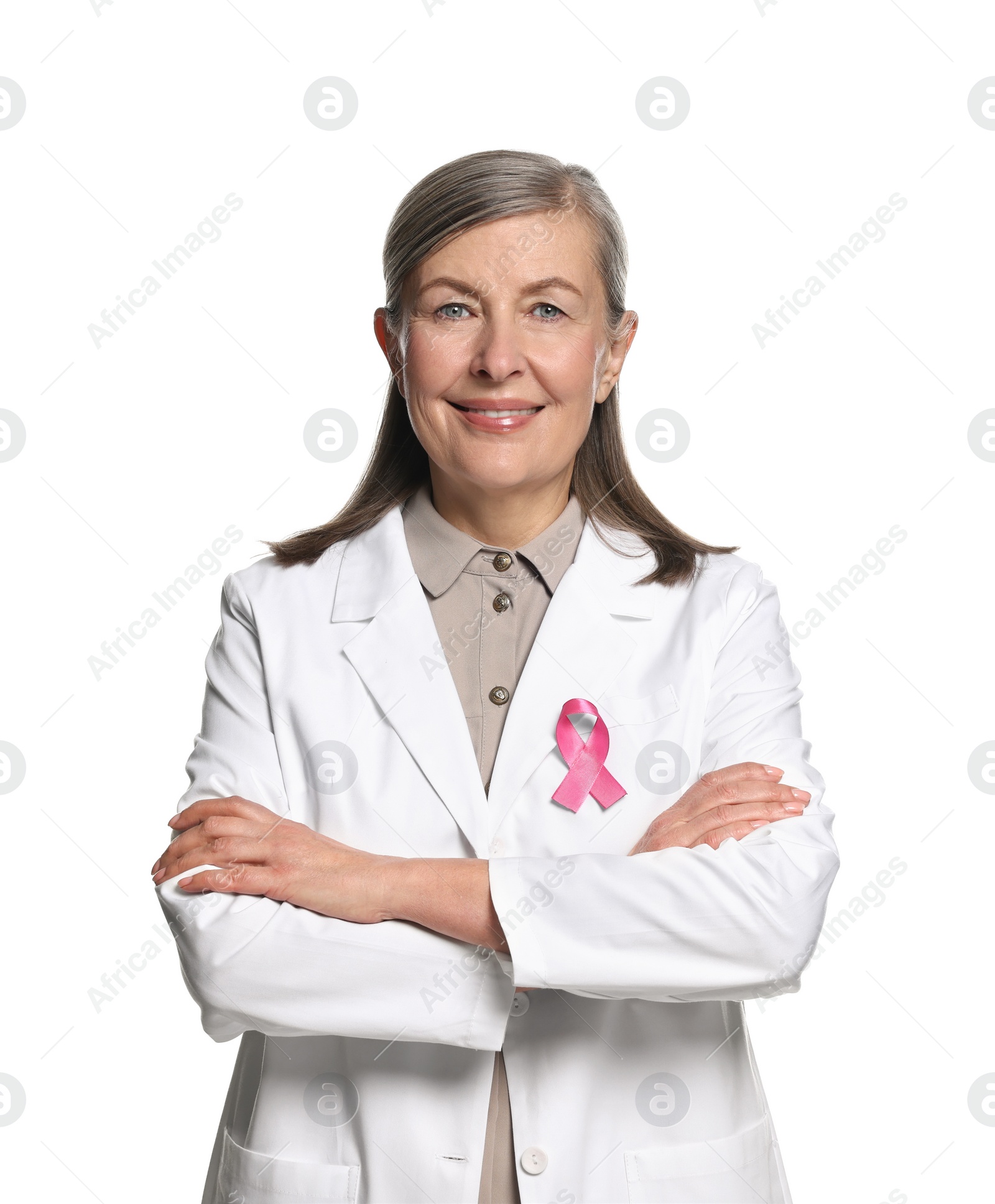 Photo of Mammologist with pink ribbon on white background. Breast cancer awareness