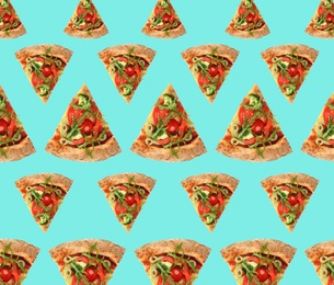 Image of Pizza slices on light blue background. Pattern design 