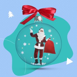 Winter holidays bright artwork. Transparent Christmas ornament with Santa Claus inside against color background, creative collage