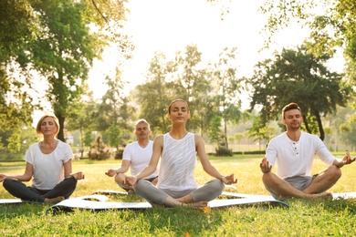 People practicing yoga in park at morning