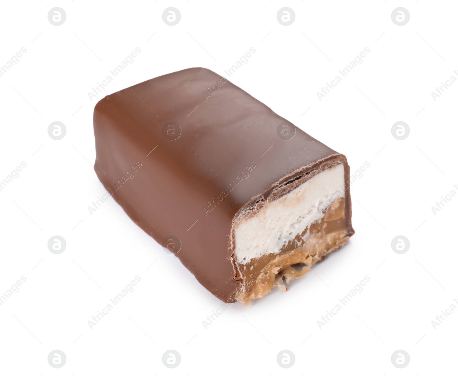 Photo of Piece of tasty chocolate bar with nougat and nuts isolated on white