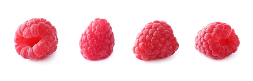 Image of Set of fresh raspberries on white background. Banner design