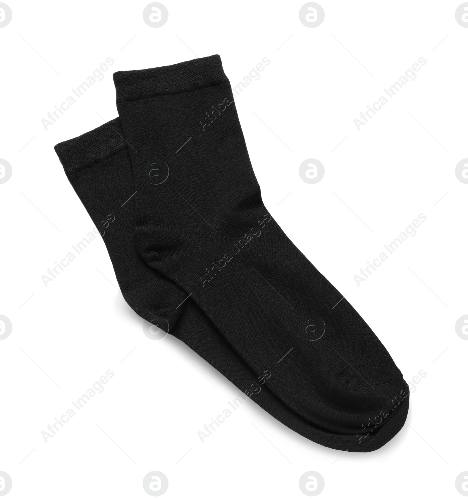 Photo of Pair of black socks isolated on white, top view