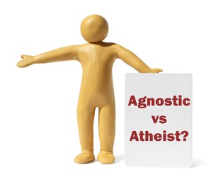 Image of Agnostic Vs Atheist? Yellow plasticine human figure with card isolated on white
